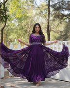 PURPLE COLOR FAUX BLOOMING EMBROIDERED ANARKALI GOWN