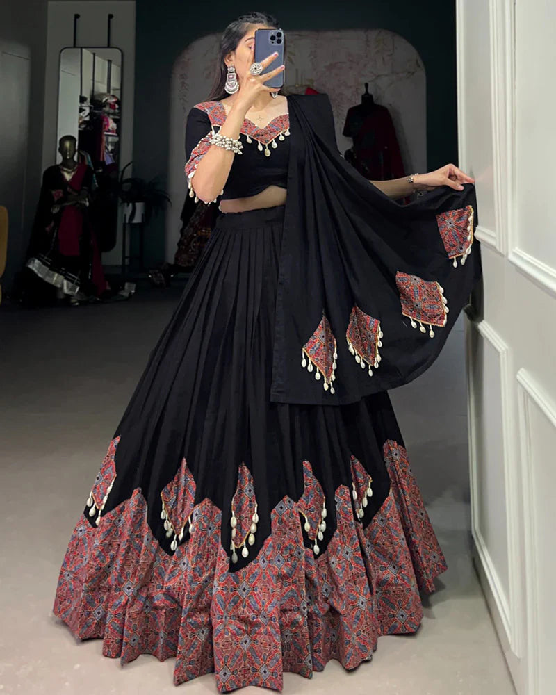 BLACK COLOR COTTON PRINTED WITH COWRIE LEHENGA CHOLI