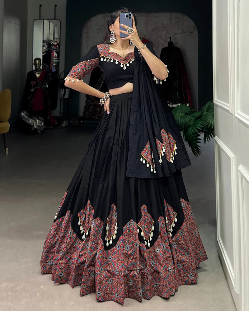 BLACK COLOR COTTON PRINTED WITH COWRIE LEHENGA CHOLI