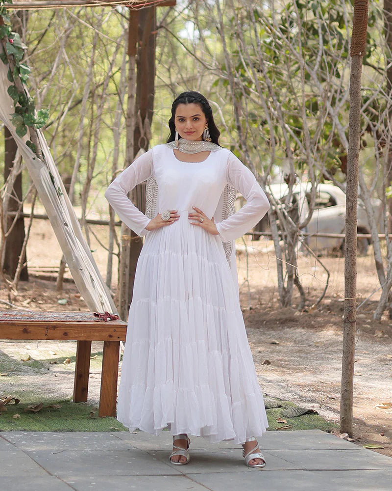 WHITE COLOR DESIGNER EMBROIDERED GOWN WITH DUPATTA