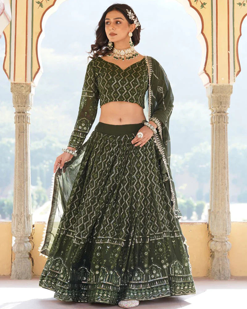 DARK GREEN COLOR GEORGETTE HEAVY EMBROIDERY THREADED SEMI STITCHED LEHENGA CHOLI