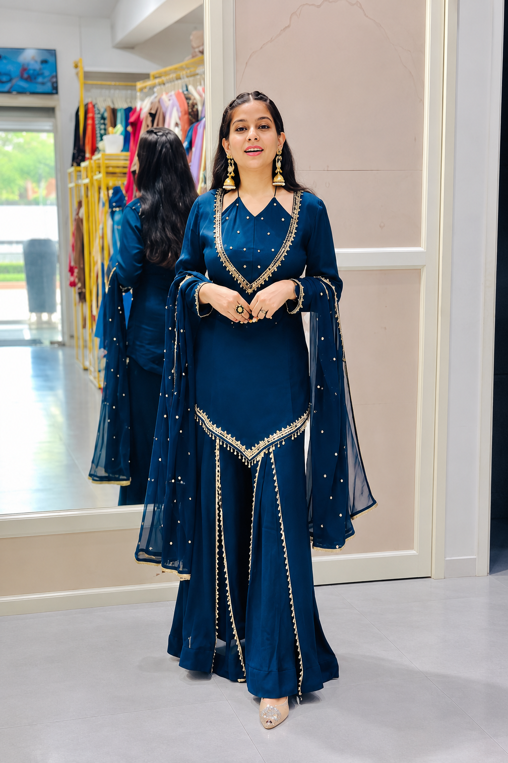 DESIGNER NAVY BLUE ROMAN GLASS SILK EMBROIDERED SHARARA SUIT SET