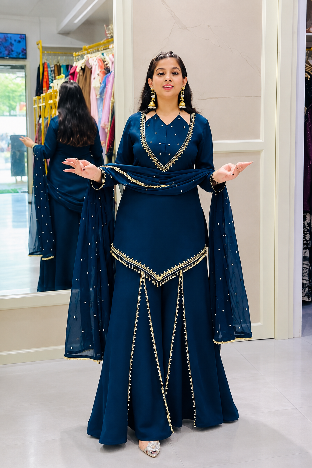 DESIGNER NAVY BLUE ROMAN GLASS SILK EMBROIDERED SHARARA SUIT SET