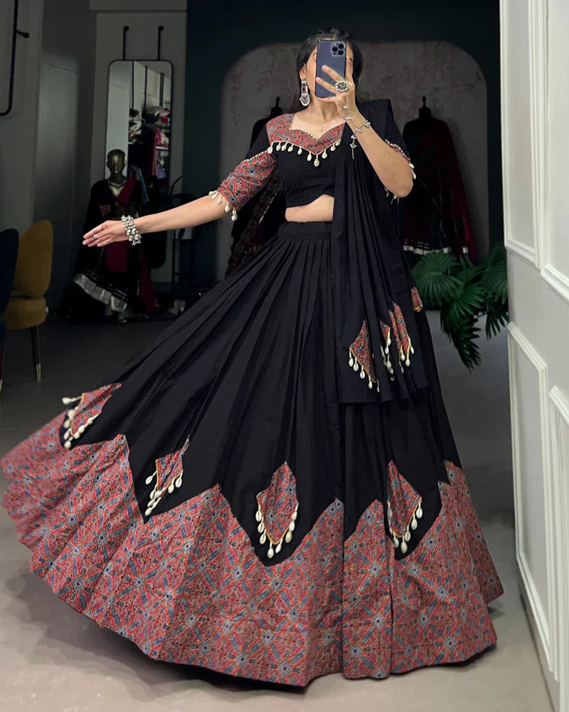 BLACK COLOR COTTON PRINTED WITH COWRIE LEHENGA CHOLI