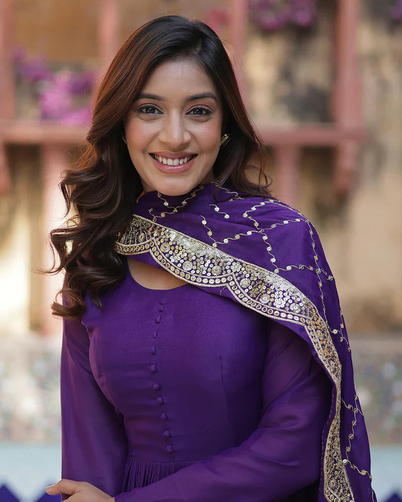 PURPLE COLOR STAR GEORGETTE GOWN WITH EMBROIDERED DUPATTA