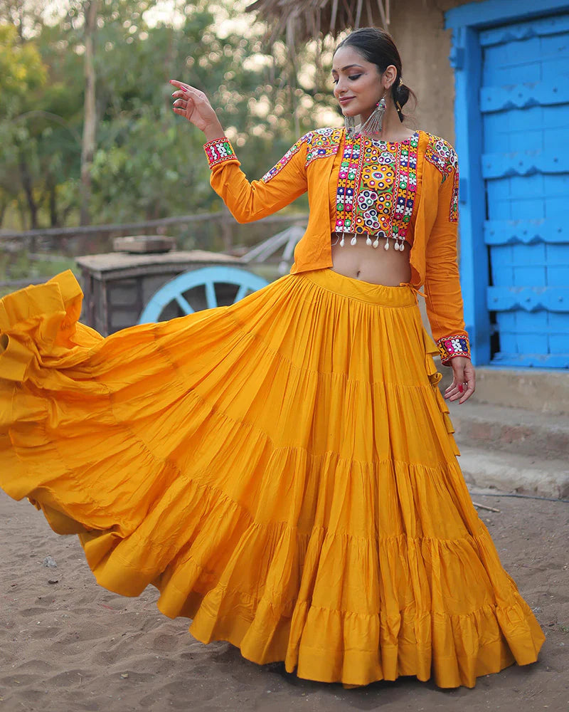 MUSTARD COLOR RAYON EMBROIDERED NAVRATRI LEHENGA CHOLI