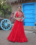 RED COLOR RAYON EMBROIDERED NAVRATRI LEHENGA CHOLI