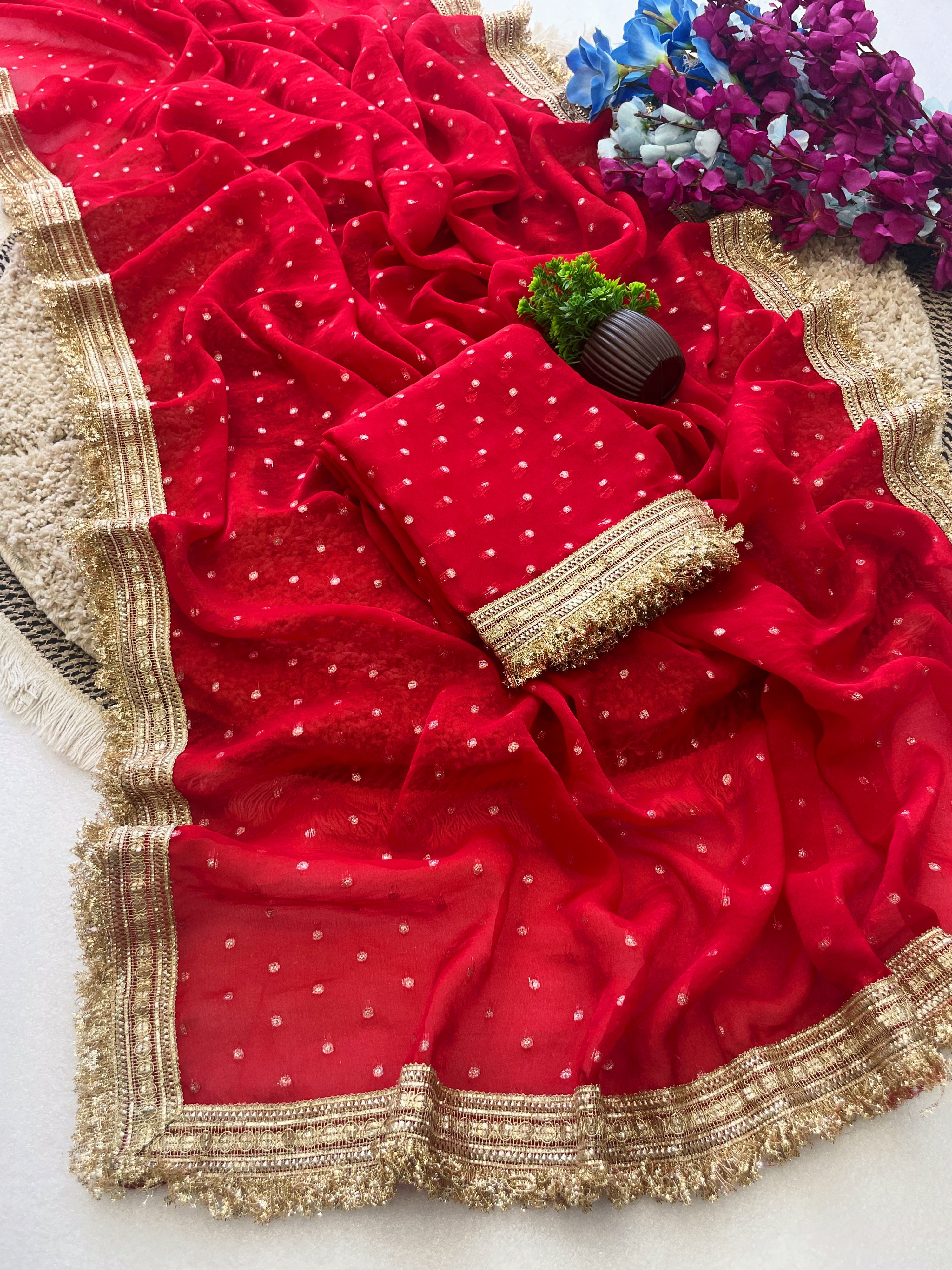 RED PREMIUM SOFT MOSS FENDY CHIFFON SAREE