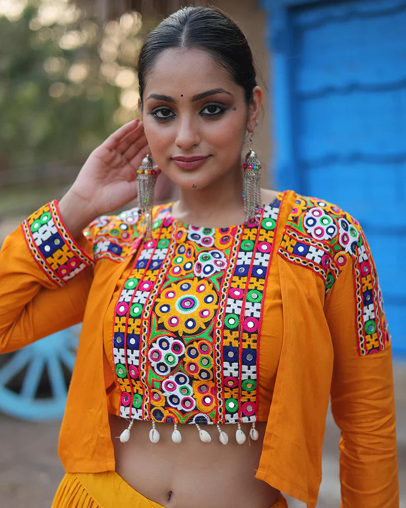 MUSTARD COLOR RAYON EMBROIDERED NAVRATRI LEHENGA CHOLI