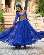 VIBRANT BLUE KUTCHI WORK LAHERIYA PRINTED ANARKALI GOWN