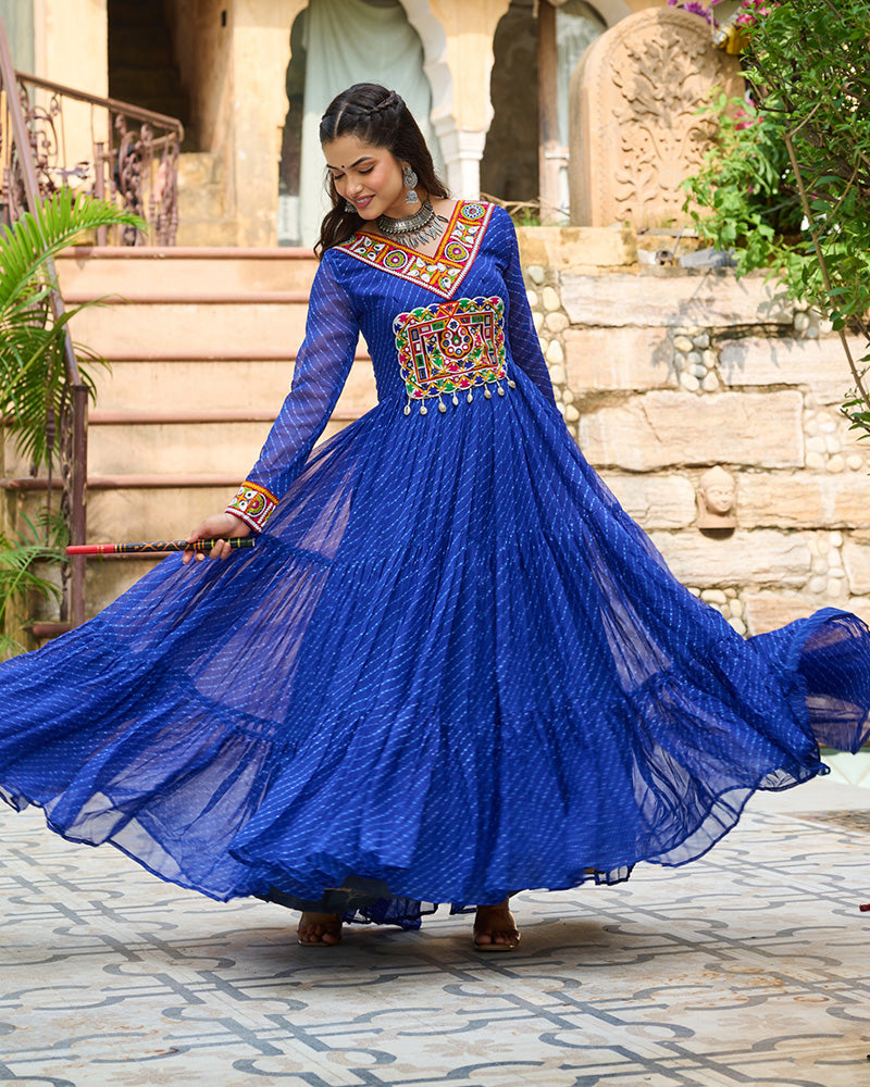 VIBRANT BLUE KUTCHI WORK LAHERIYA PRINTED ANARKALI GOWN