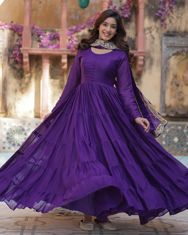 PURPLE COLOR STAR GEORGETTE GOWN WITH EMBROIDERED DUPATTA