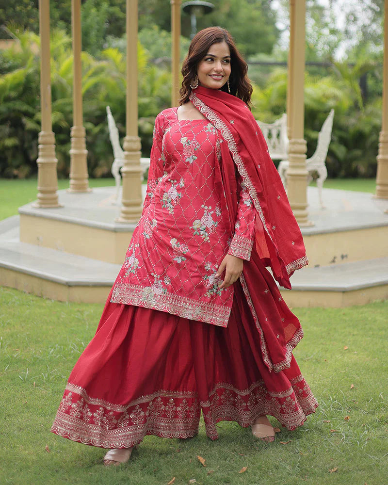 RANI PINK COLOR CHINNON PRINTED PLAZZO SUIT SET OF 3