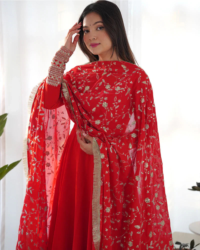 RED COLOR SOFT GEORGETTE ANARKALI GOWN WITH HEAVY EMBROIDERY WORK DUPATTA
