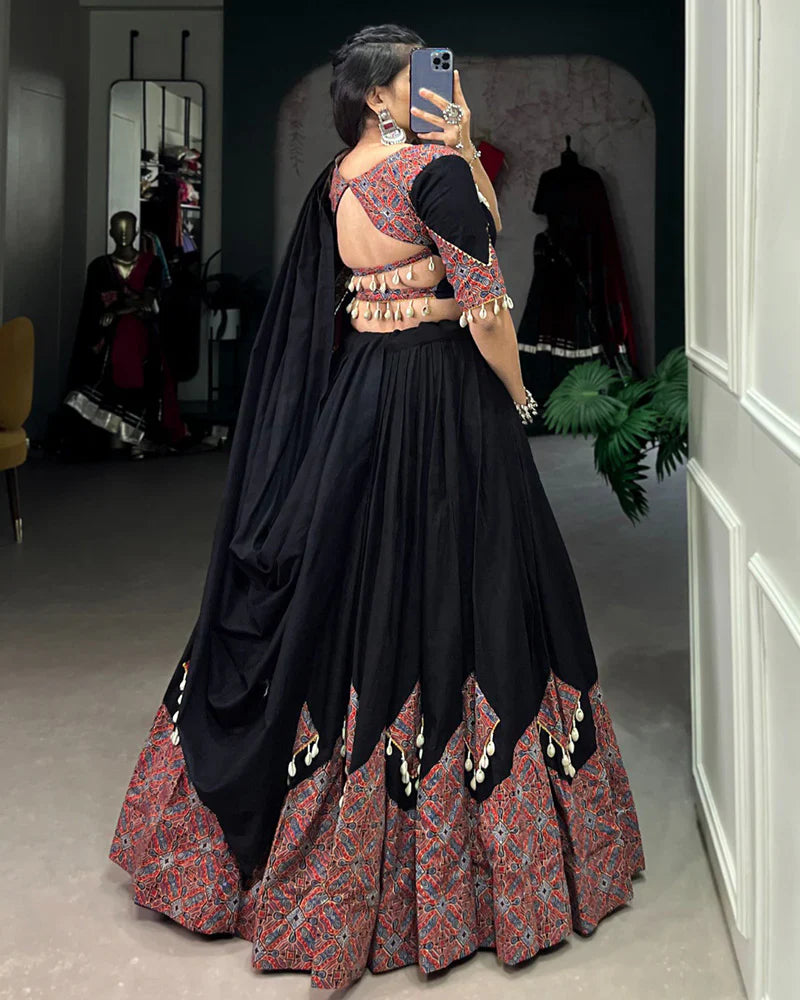 BLACK COLOR COTTON PRINTED WITH COWRIE LEHENGA CHOLI