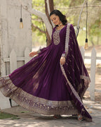 PURPLE COLOR FAUX BLOOMING RICH SEQUENCE EMBROIDERED GOWN