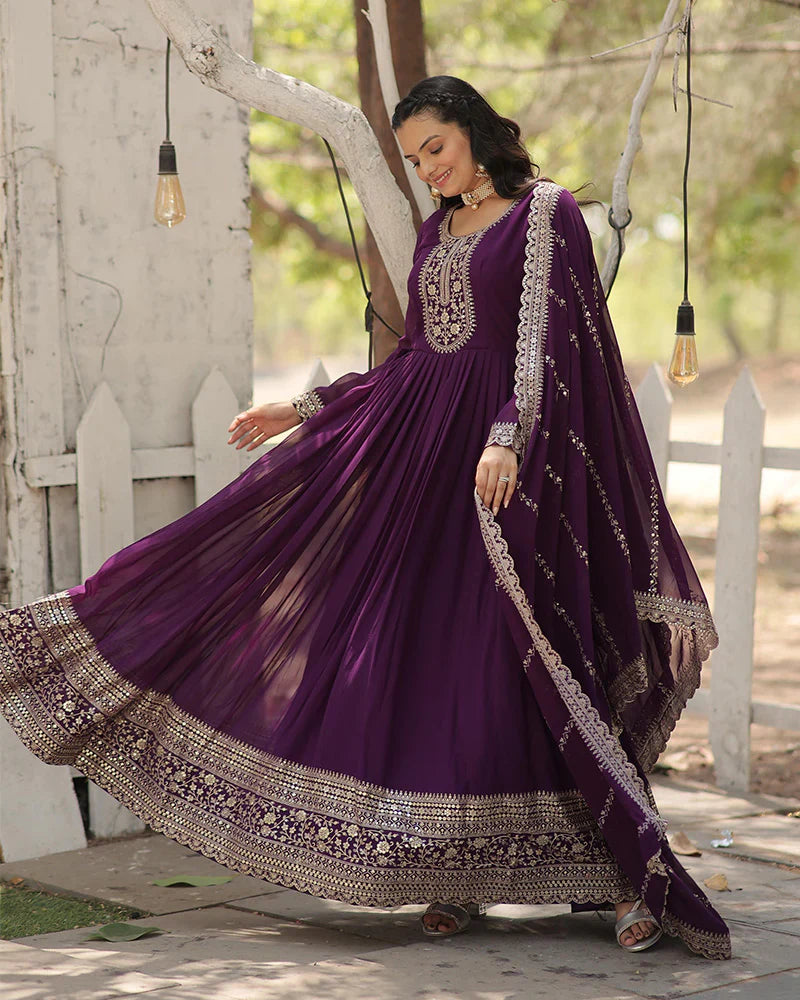 PURPLE COLOR FAUX BLOOMING RICH SEQUENCE EMBROIDERED GOWN