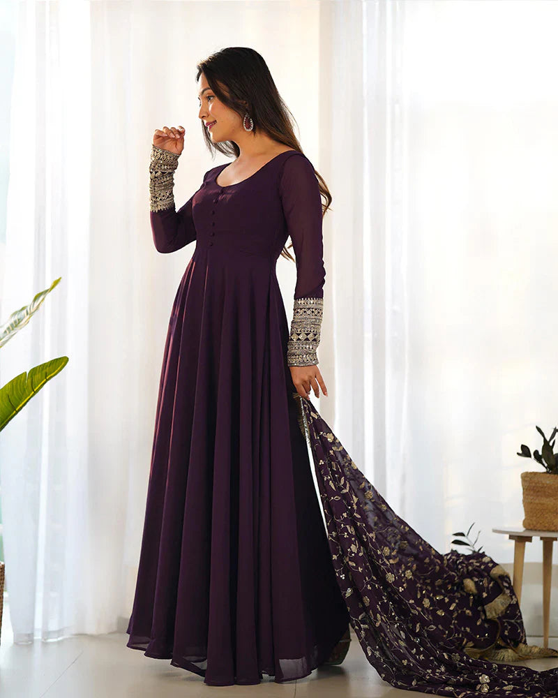 WINE COLOR SOFT GEORGETTE WITH HEAVY EMBROIDERY WORK DUPATTA ANARKALI SUIT