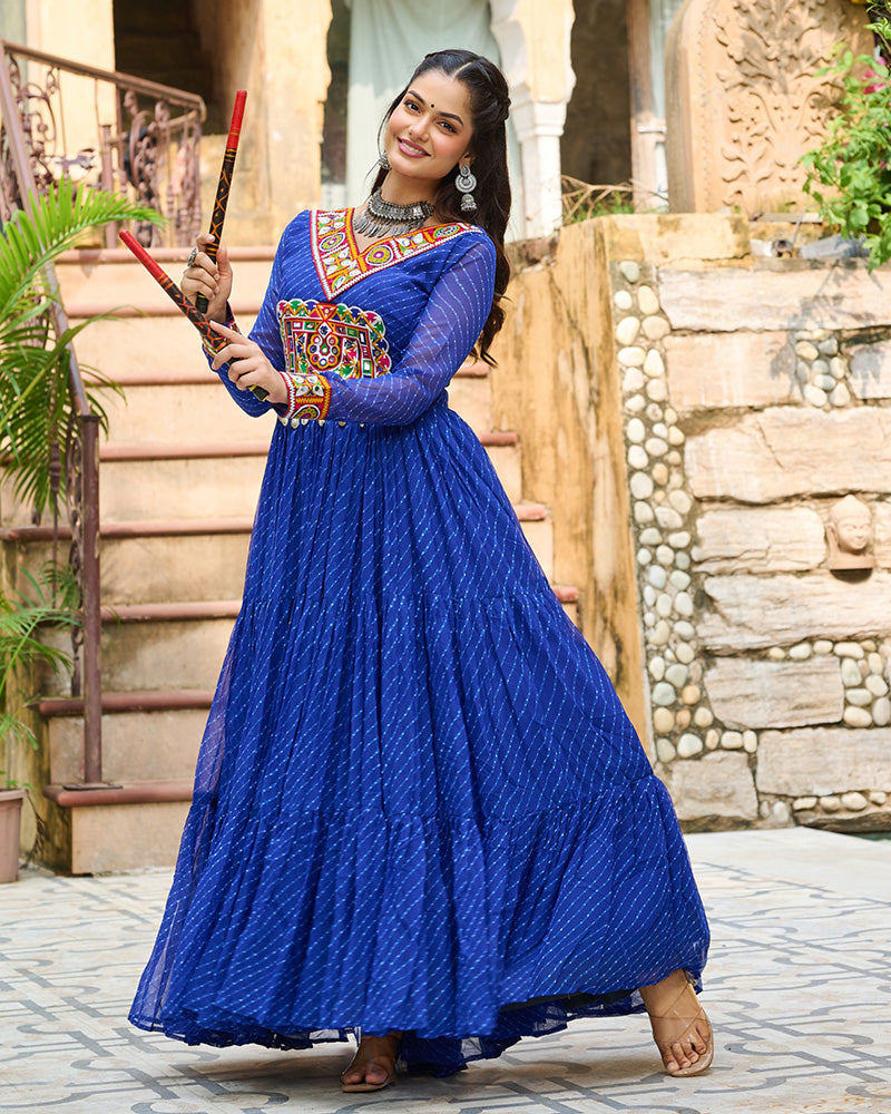 VIBRANT BLUE KUTCHI WORK LAHERIYA PRINTED ANARKALI GOWN