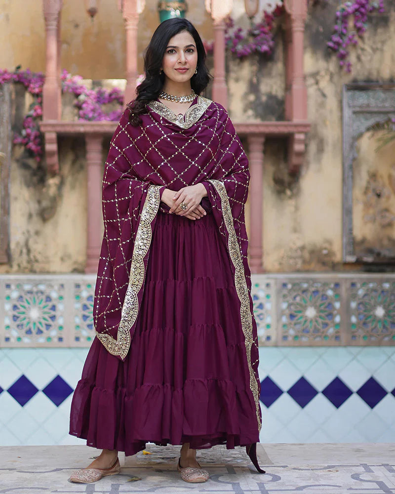 PLUM COLOR STAR GEORGETTE GOWN WITH EMBROIDERED DUPATTA
