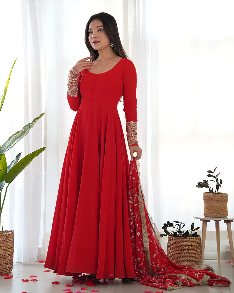 RED COLOR SOFT GEORGETTE ANARKALI GOWN WITH HEAVY EMBROIDERY WORK DUPATTA