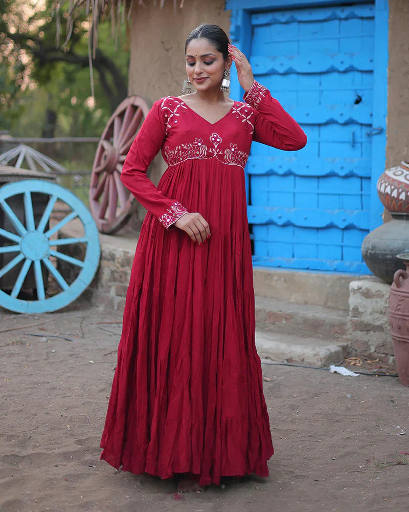 MAROON COLOR REYON RUFFLE STYLE NAVRATRI GOWN