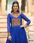 VIBRANT BLUE KUTCHI WORK LAHERIYA PRINTED ANARKALI GOWN