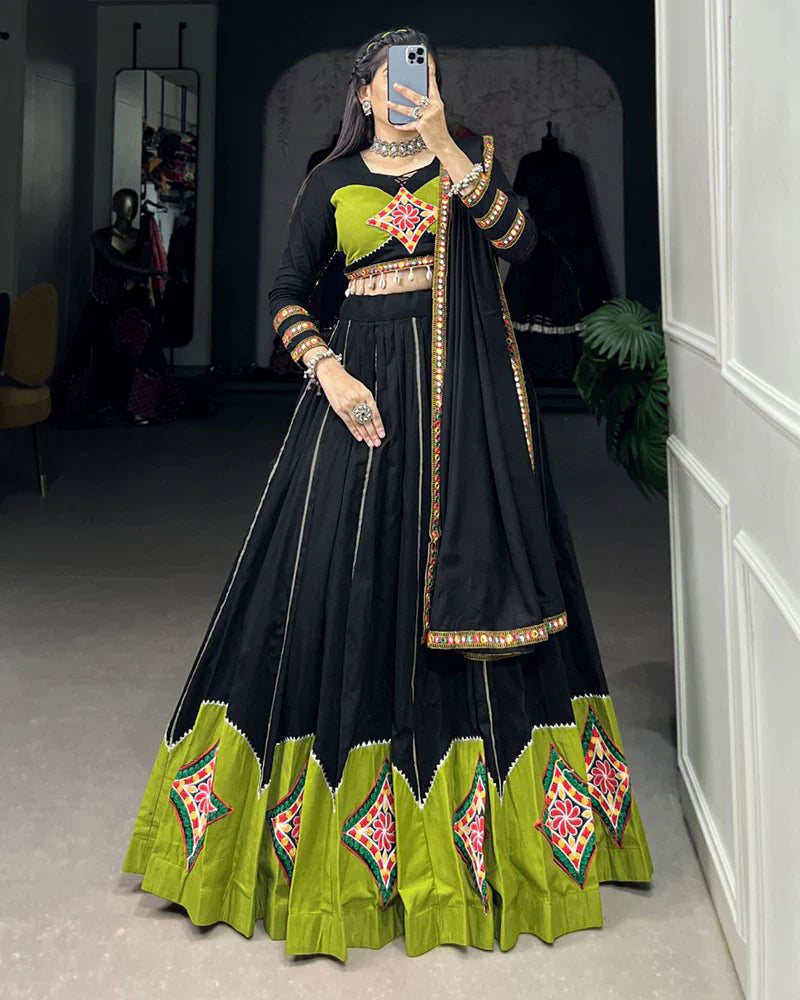 GREEN AND BLACK COLOR COTTON GAMTHI WORK NAVRATRI LEHENGA CHOLI