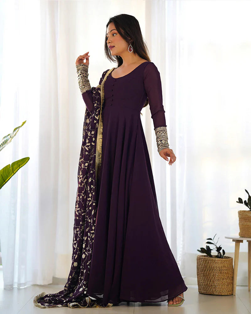 WINE COLOR SOFT GEORGETTE WITH HEAVY EMBROIDERY WORK DUPATTA ANARKALI SUIT