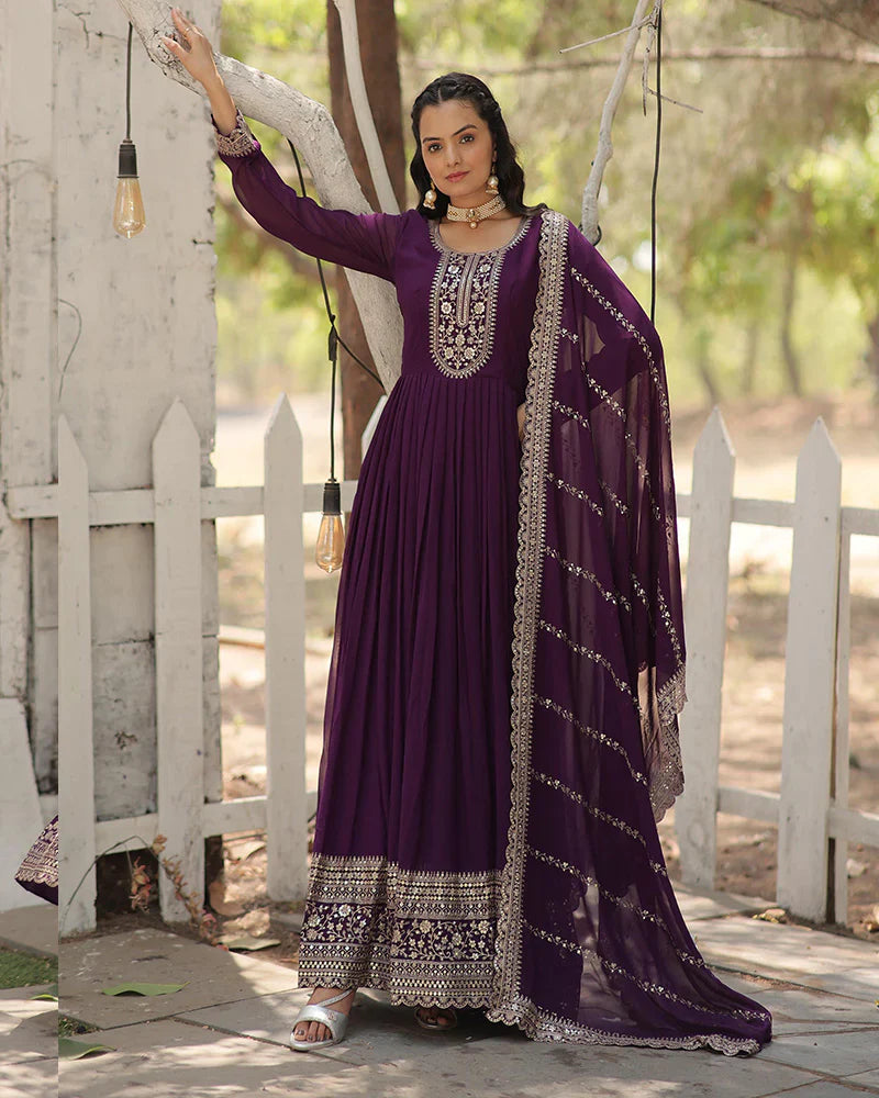 PURPLE COLOR FAUX BLOOMING RICH SEQUENCE EMBROIDERED GOWN