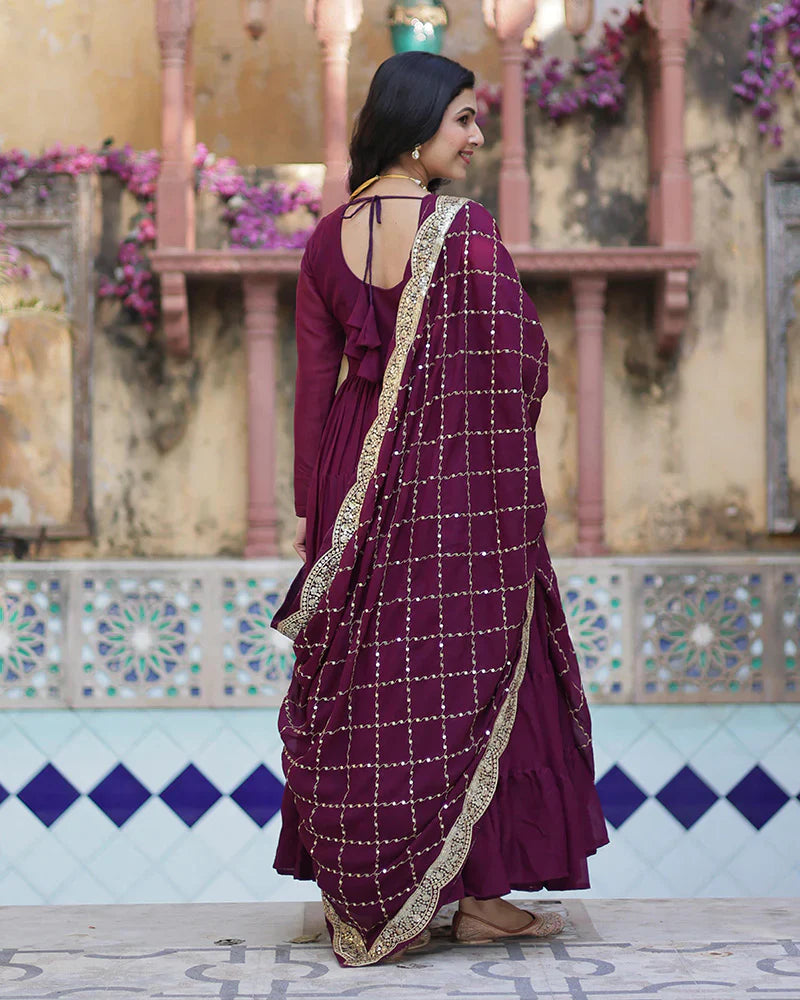PLUM COLOR STAR GEORGETTE GOWN WITH EMBROIDERED DUPATTA
