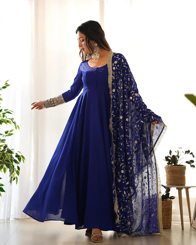 BLUE COLOR SOFT GEORGETTE WITH HEAVY EMBROIDERY WORK DUPATTA ANARKALI SUIT