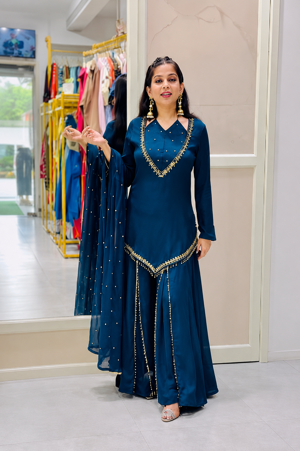 DESIGNER NAVY BLUE ROMAN GLASS SILK EMBROIDERED SHARARA SUIT SET