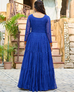 VIBRANT BLUE KUTCHI WORK LAHERIYA PRINTED ANARKALI GOWN