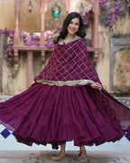 PLUM COLOR STAR GEORGETTE GOWN WITH EMBROIDERED DUPATTA