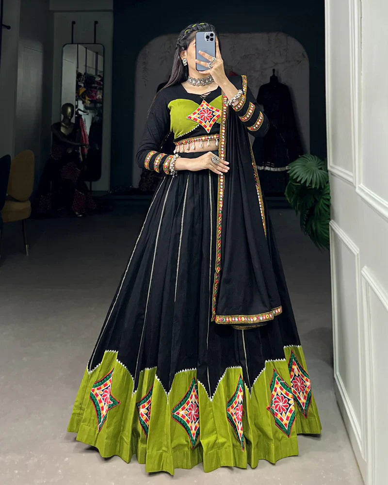 GREEN AND BLACK COLOR COTTON GAMTHI WORK NAVRATRI LEHENGA CHOLI