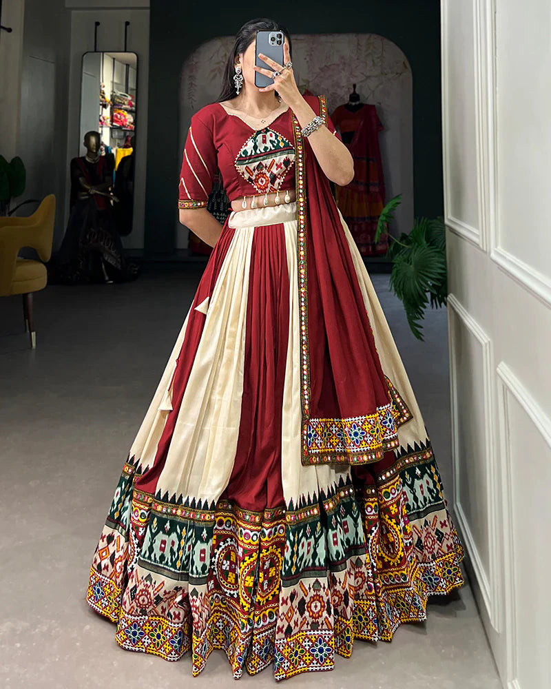 OFF-WHITE COLOR RAYON PRINTED NAVRATRI LEHENGA CHOLI