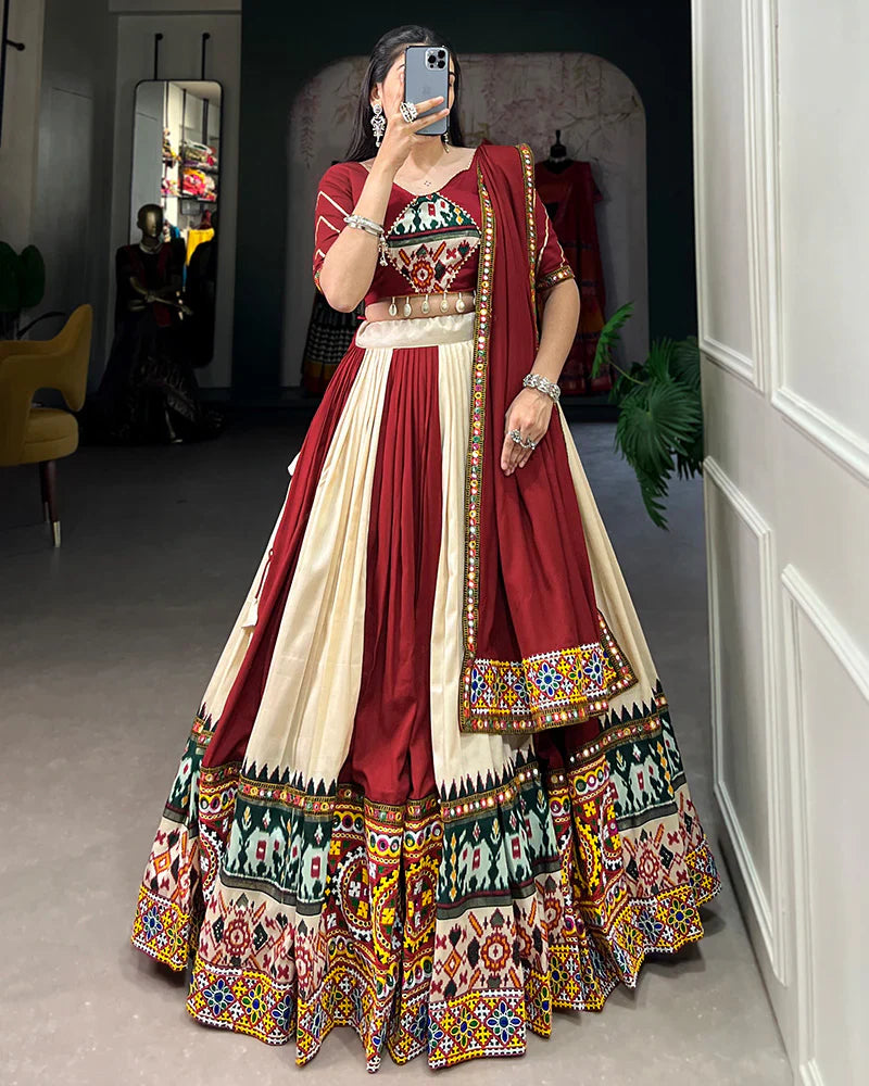 OFF-WHITE COLOR RAYON PRINTED NAVRATRI LEHENGA CHOLI