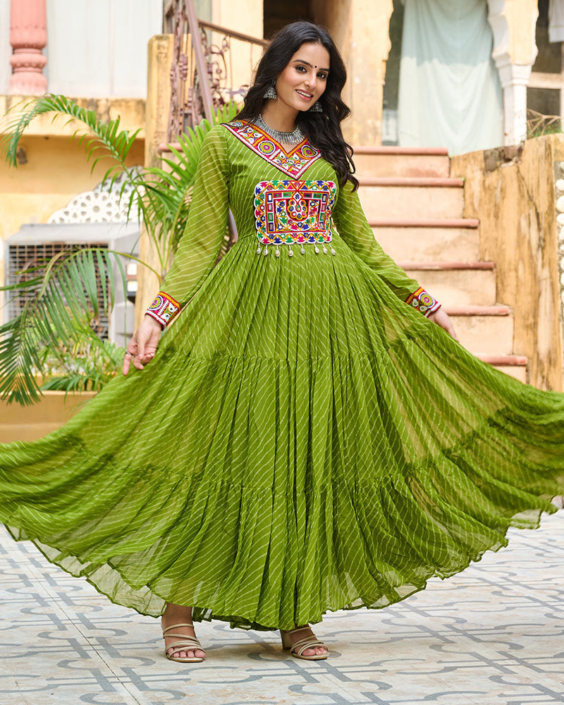 VIBRANT PARROT GREEN KUTCHI WORK LAHERIYA PRINTED ANARKALI GOWN