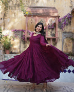 PLUM COLOR STAR GEORGETTE GOWN WITH EMBROIDERED DUPATTA