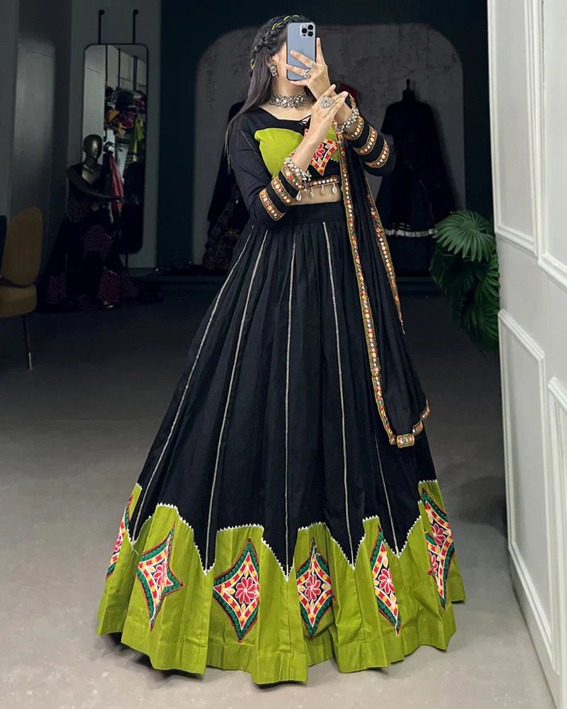 GREEN AND BLACK COLOR COTTON GAMTHI WORK NAVRATRI LEHENGA CHOLI
