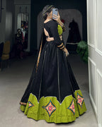 GREEN AND BLACK COLOR COTTON GAMTHI WORK NAVRATRI LEHENGA CHOLI