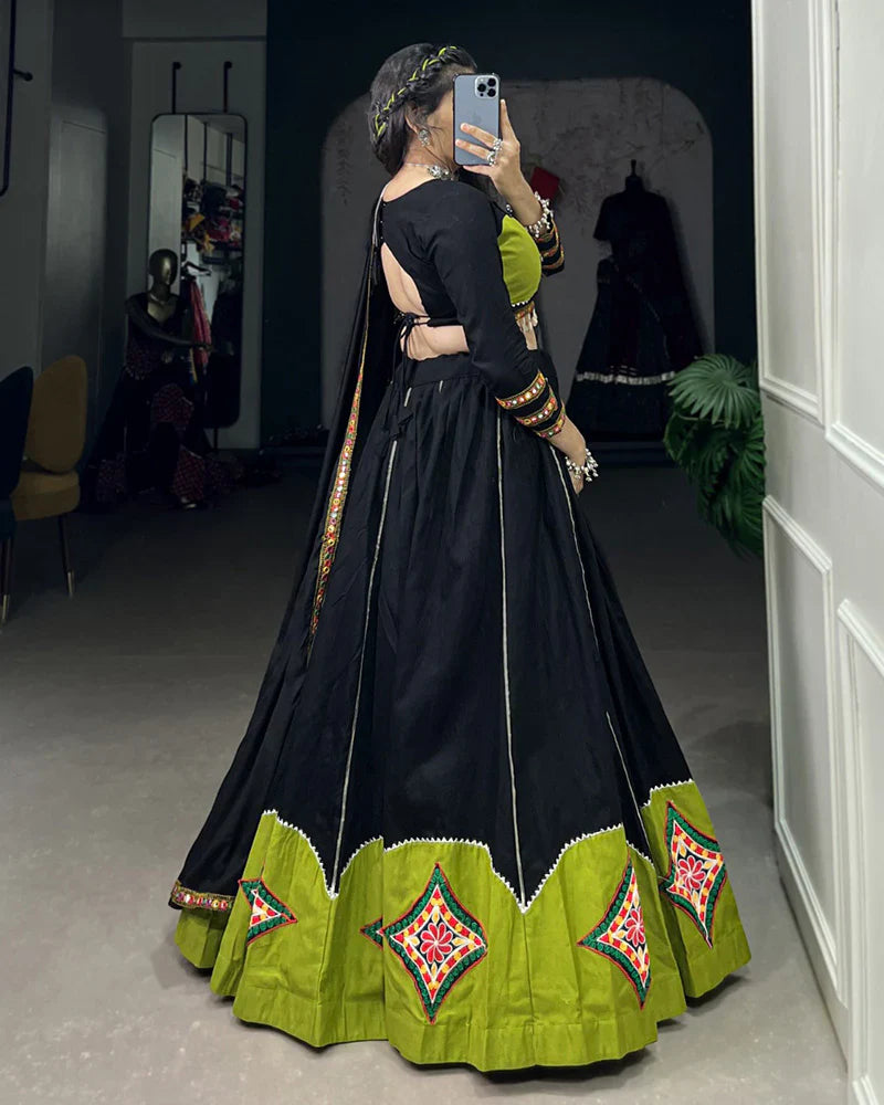 GREEN AND BLACK COLOR COTTON GAMTHI WORK NAVRATRI LEHENGA CHOLI