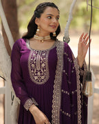 PURPLE COLOR FAUX BLOOMING RICH SEQUENCE EMBROIDERED GOWN