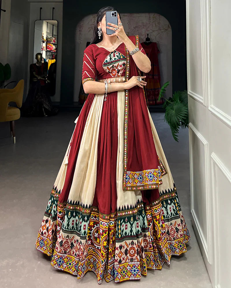 OFF-WHITE COLOR RAYON PRINTED NAVRATRI LEHENGA CHOLI