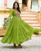 VIBRANT PARROT GREEN KUTCHI WORK LAHERIYA PRINTED ANARKALI GOWN