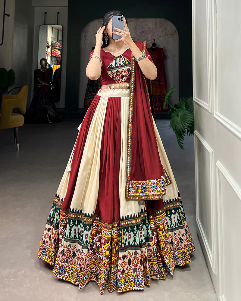 OFF-WHITE COLOR RAYON PRINTED NAVRATRI LEHENGA CHOLI