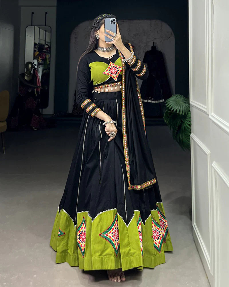 GREEN AND BLACK COLOR COTTON GAMTHI WORK NAVRATRI LEHENGA CHOLI