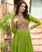 VIBRANT PARROT GREEN KUTCHI WORK LAHERIYA PRINTED ANARKALI GOWN