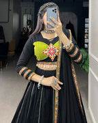 GREEN AND BLACK COLOR COTTON GAMTHI WORK NAVRATRI LEHENGA CHOLI